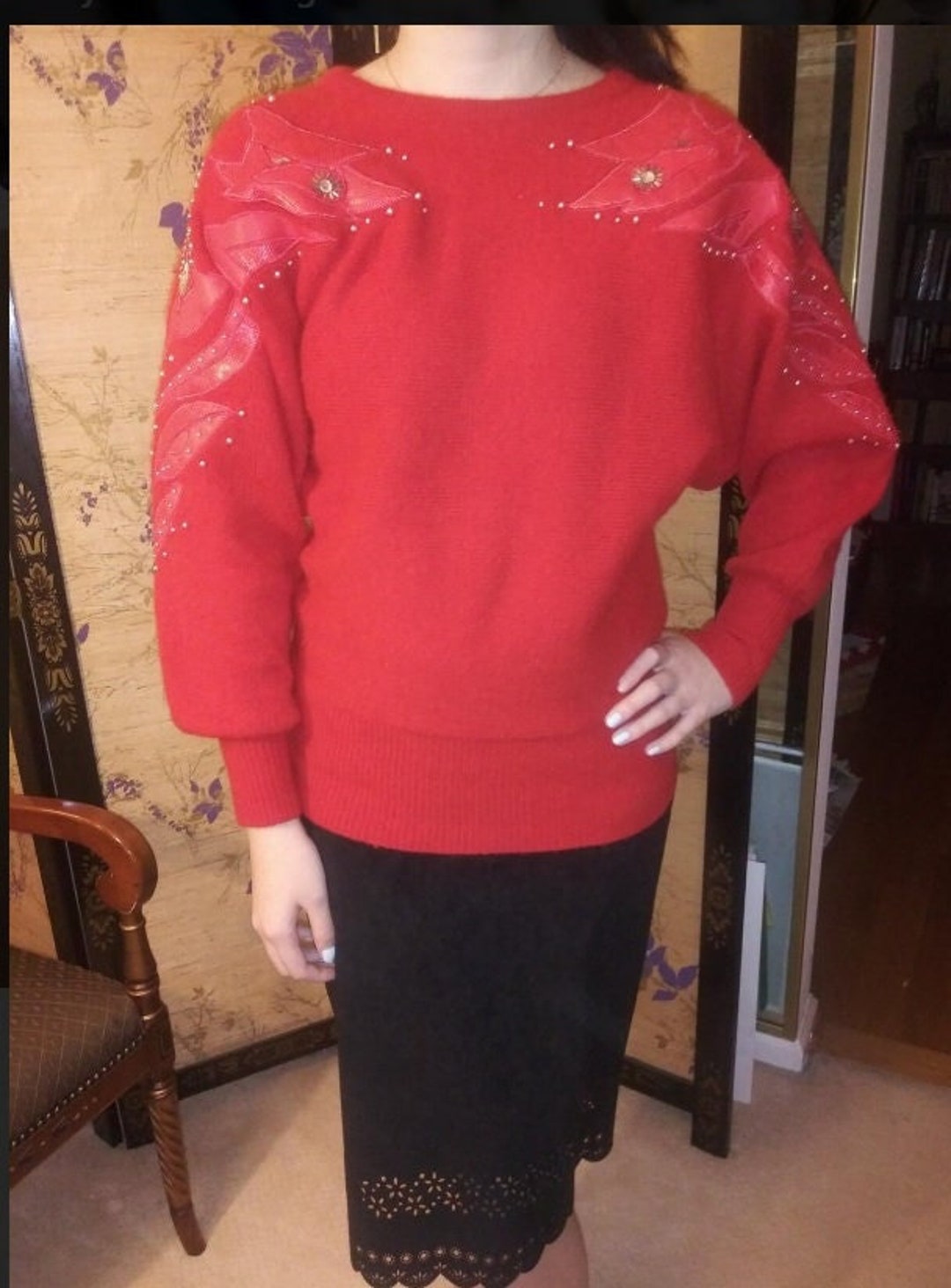 Red Angora Sweater With Dolman Sleeve Etsy