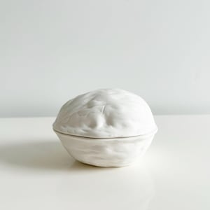 May include: A white ceramic container shaped like a walnut. The container has a textured surface with ridges and a lid that fits snugly on top. The container is sitting on a white surface.