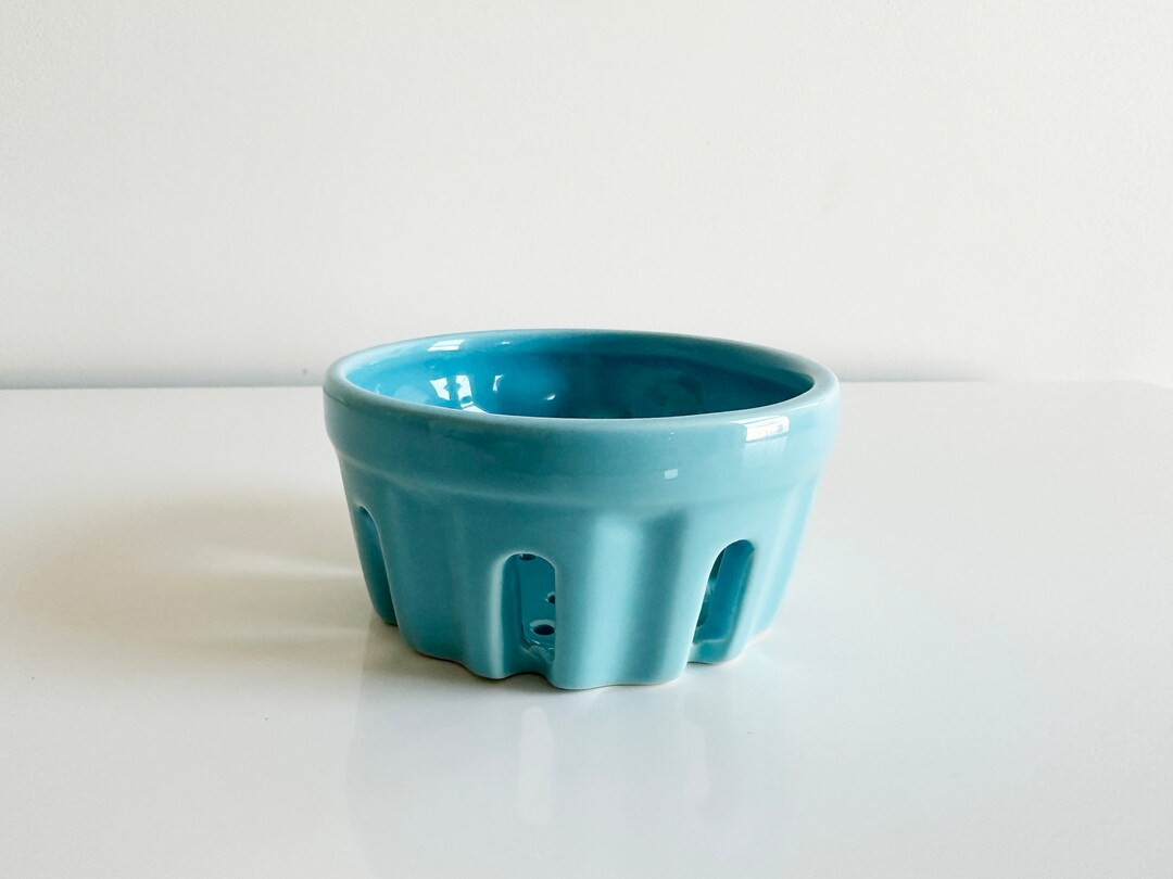 Round Ceramic Decorative Berry Basket Turquoise Blue by Ashland Vintage