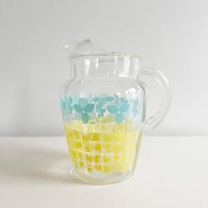 Retro Glass Pitcher with Blue Floral & Yellow Basket Print Vintage 1970s