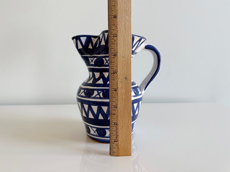 Studio Pottery Ceramic Pitcher Water Jug Blue & White Geometric Design Handmade France Vintage image 7