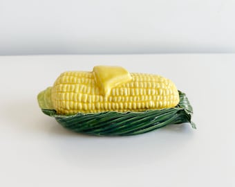 Vintage Corn Cob Dish with Butter Pat & Husk Farmhouse Majolica