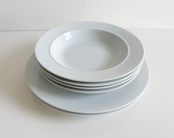 Aartik White Dinnerware Dinner Plates and Low RIm Soup Bowls by Dansk Portugal Vintage 1990s