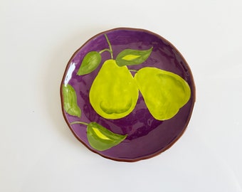 Hand Painted Green Pear Purple Plate Fruit Dish Vintage