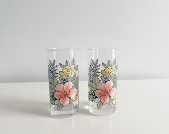 Set of 6 Tropical Flower Glasses 12 Ounce Tumblers with Pastel Graphics Vintage 1980s