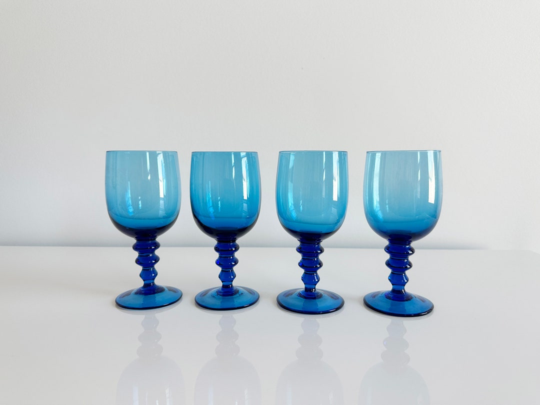 Set of 4 Helena Blue Glass Water Goblets Wine Glasses by Colony USA
