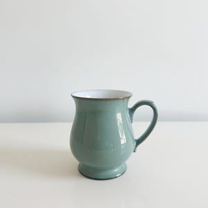 May include: A sage green ceramic mug with a rounded, bulbous body and a flared rim. The mug features a smooth, glossy finish, a white interior, and a curved handle on the right side. The base is slightly elevated, and the rim has a thin brown edge.