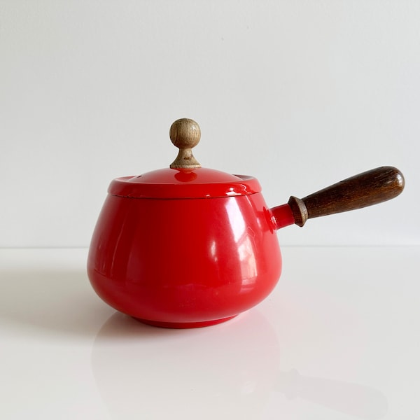 Red Enamel Metal Fondue Pot Teak Wood Handle Mid-Century Vintage 1960s