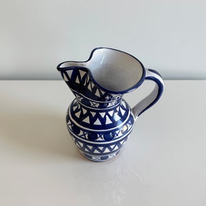 Studio Pottery Ceramic Pitcher Water Jug Blue & White Geometric Design Handmade France Vintage image 5