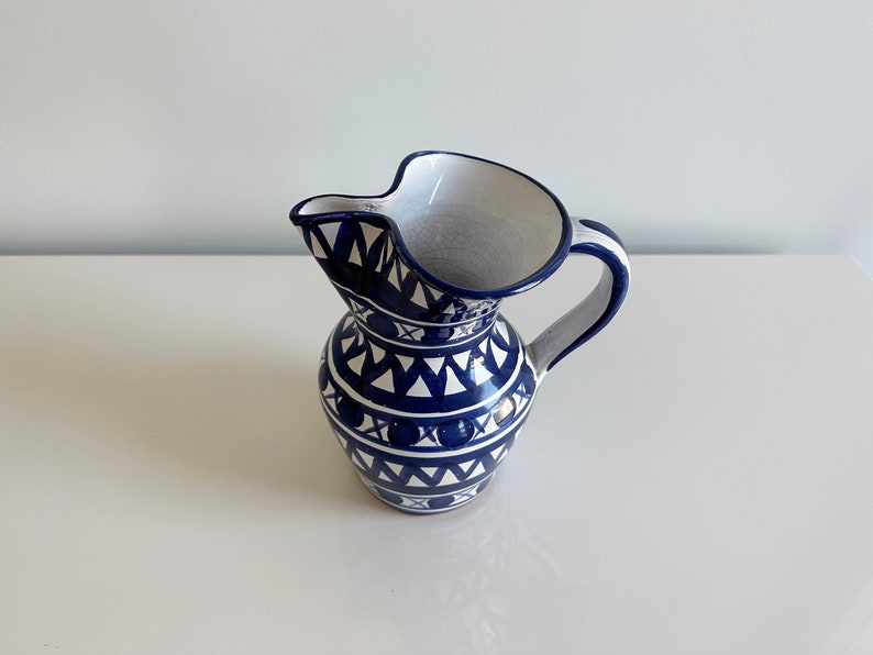 Studio Pottery Ceramic Pitcher Water Jug Blue & White Geometric Design Handmade France Vintage image 5