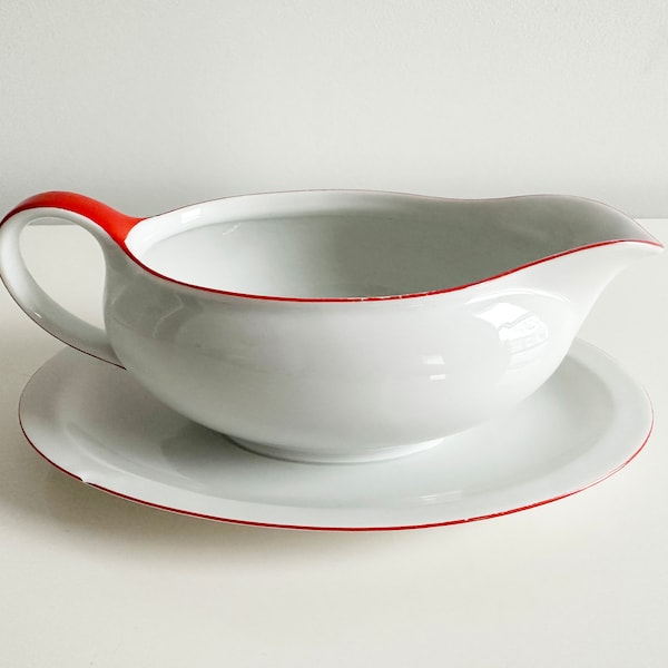 Seltmann Weiden Rainbow Red White Ceramic Gravy Boat with Attached Underplate Germany Vintage 1980s