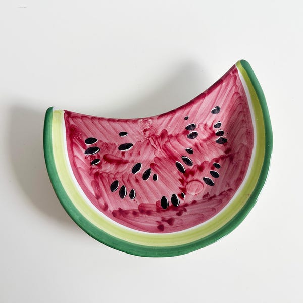 Hand-Painted Watermelon Crescent-Shaped Fruit Ceramic Plate Italy Vintage