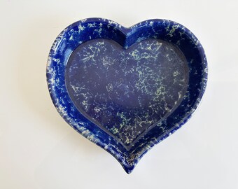 Bennington Potters Blue Agate Marbled Glaze Large Heart Shaped Cake Pie Pan Ceramic Bakeware Vintage 1960s