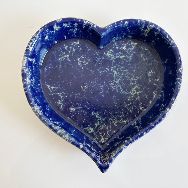 Bennington Potters Blue Agate Marbled Glaze Large Heart Shaped Cake Pie Pan Ceramic Bakeware Vintage 1960s