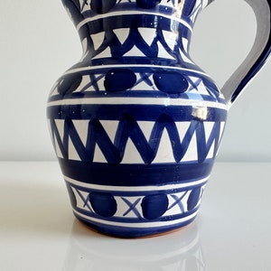 Studio Pottery Ceramic Pitcher Water Jug Blue & White Geometric Design Handmade France Vintage image 4