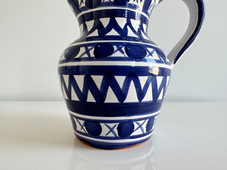 Studio Pottery Ceramic Pitcher Water Jug Blue & White Geometric Design Handmade France Vintage image 4