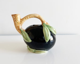 Vegetable Fruit Eggplant Black Olive Handpainted Ceramic Pitcher Mancer Italy Vintage