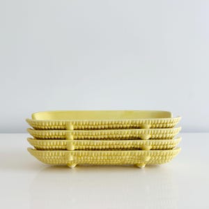 Vintage Patent Pending Knob Feet Yellow Ceramic Corn on the Cob Dishes Set of 4
