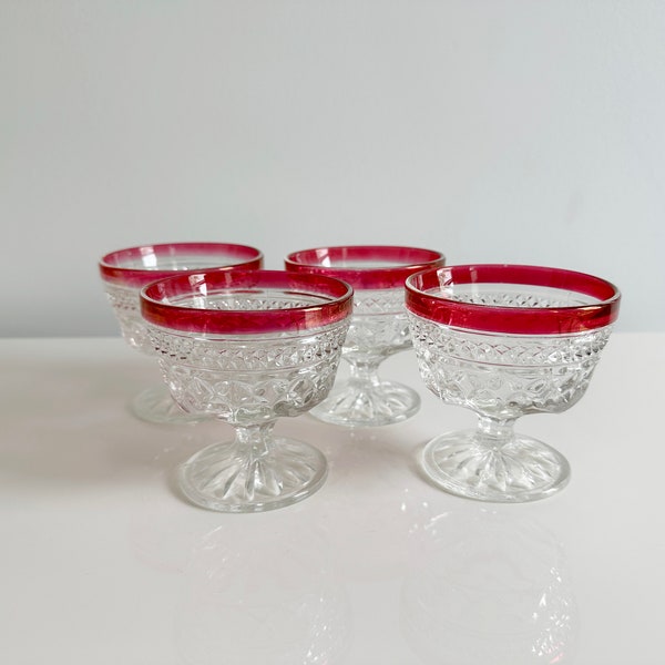 Set of 4 Oxford Glass Ruby Red Flashed Sherbet Bowls Champagne Coupes Pressed Vintage 1960s