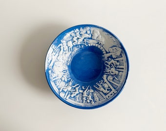 Homemade Blue & White Ceramic Bowl with Rural Revelry Embossed Interior Illustration USA Vintage 1970s