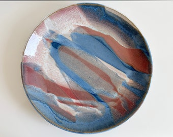 Walter Yovaish Signed Studio Pottery Ceramic Centerpiece 15" Low Bowl Pink Blue Handmade Vintage 1970s