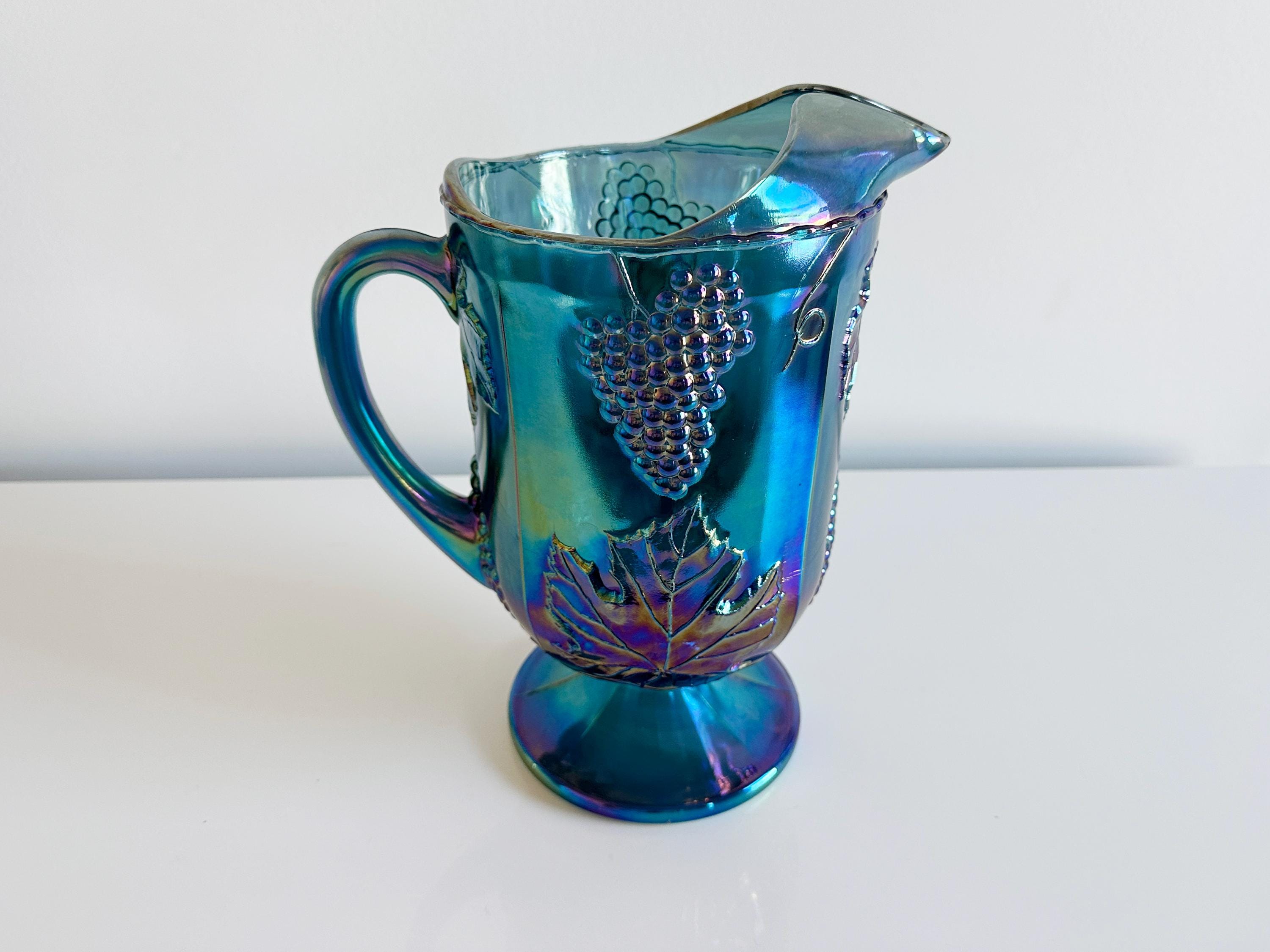Colony Glass Harvest Carnival Blue Iridescent Pedestal Pitcher & 4 ...
