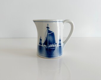 Small Blue Pitcher Creamer with Ships Czechoslovakia Vintage 1930s