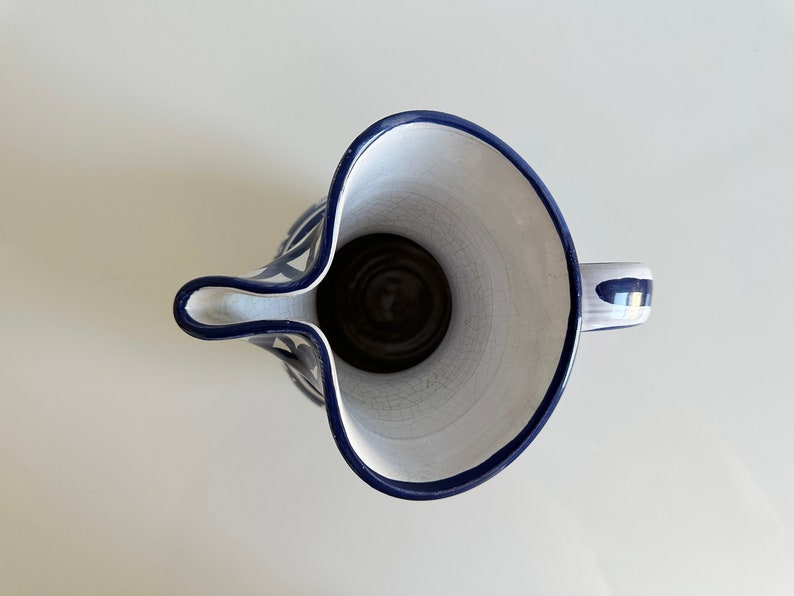 Studio Pottery Ceramic Pitcher Water Jug Blue & White Geometric Design Handmade France Vintage image 2