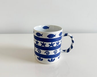 Blue Striped Modern Coastal Ocean Sea Life Fish Beach Mug Crate & Barrel Philippines Vintage