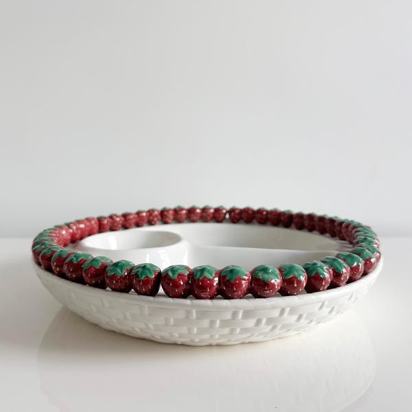Vintage Strawberry Chip and Dip Platter: Basketweave Divided Serving Dish