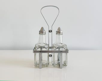 Olive Oil & Vinegar Clear Glass Cruets with Vintage Style Metal Holder