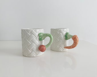 Set of 2 Fitz & Floyd Kitchen Harvest Woven Ceramic Mugs Radish Carrot Vintage Taiwan 1980s