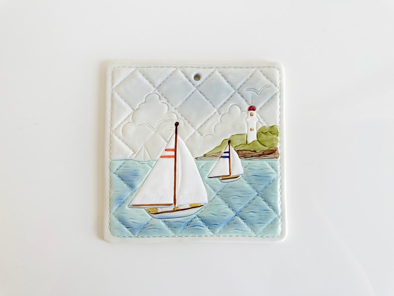 Otagiri Sailboat Lighthouse Coastal Nautical Quilted Decorative Tile Wall Hanging Vintage Japan 1980s image 1