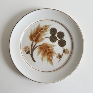May include: A white ceramic plate with a brown and tan floral design. The plate has a brown rim and a silver edge. The floral design includes leaves and round seed pods. The plate is a decorative item.