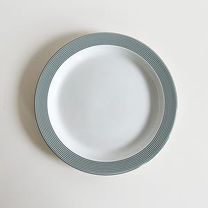 May include: A white ceramic plate with a dark teal striped border. The plate is round and has a simple, elegant design. The plate is suitable for serving meals and is a classic addition to any kitchen.