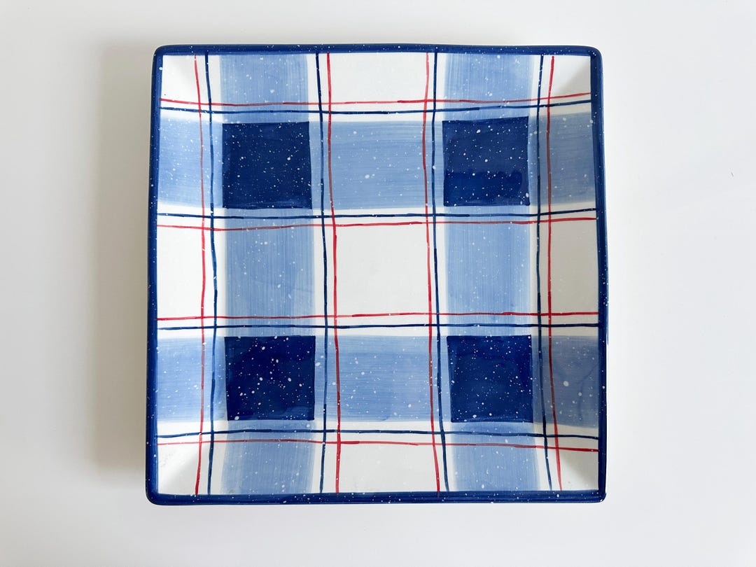 Vintage Blue Plaid Ceramic Serving Platter by Pamela Gladding - Etsy