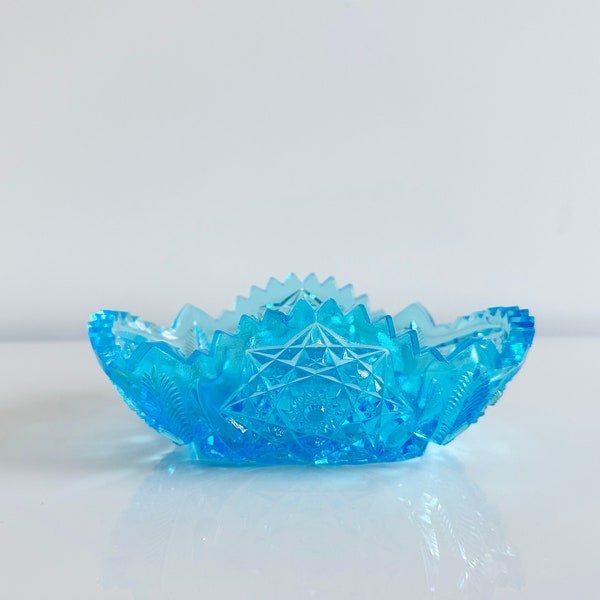 Blue Pressed Glass Oval Candy Dish by Kemple Vintage USA 1950s