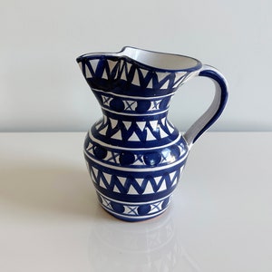 Studio Pottery Ceramic Pitcher Water Jug Blue & White Geometric Design Handmade France Vintage image 1