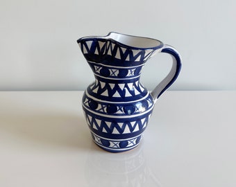 Studio Pottery Ceramic Pitcher Water Jug Blue & White Geometric Design Handmade France Vintage