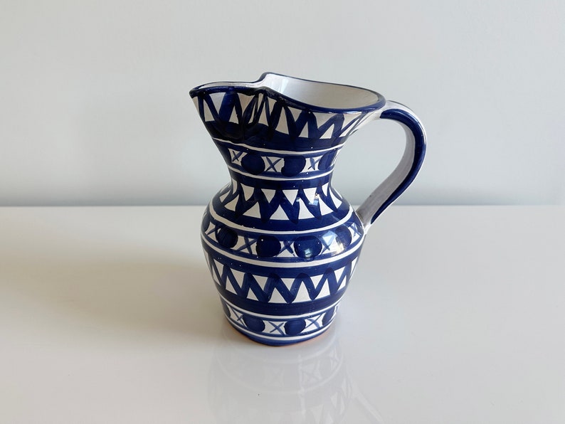 Studio Pottery Ceramic Pitcher Water Jug Blue & White Geometric Design Handmade France Vintage image 1