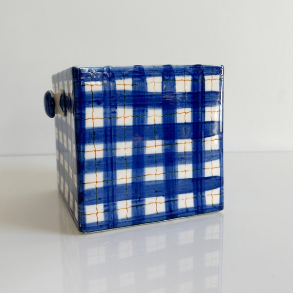 Moriyama Ceramic Cube Canister with Lid Handpainted Blue Yellow Plaid Japan Vintage