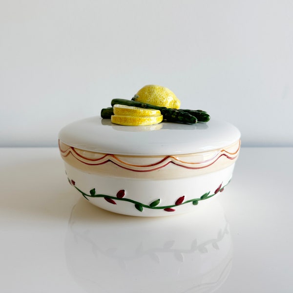 Trompe L'oeil Ceramic Asparagus & Lemon Covered Casserole Bella Casa by Ganz China Vintage