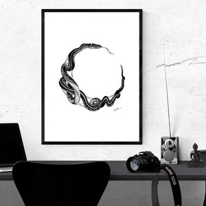 May include: A black and white ink illustration of a snake coiled into a circular shape, presented in a thin black frame. The snake is depicted with detailed scales and a visible tongue, forming an open ring against a stark white background.