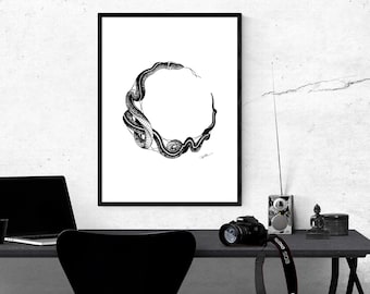 May include: A black and white ink illustration of a snake coiled into a circular shape, presented in a thin black frame. The snake is depicted with detailed scales and a visible tongue, forming an open ring against a stark white background.