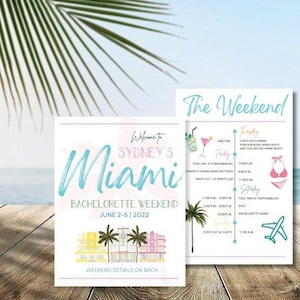 Digital Miami Beach Bachelorette Reiseplan und Willkommenskarte | Willkommen in Miami Bachelorette Reise, Miami Bachelorette Stundenplan, anpassbar