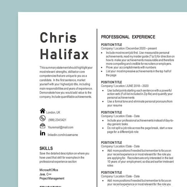 Ats Friendly Resume Template Clean Minimalist Simple Cv Word Google
