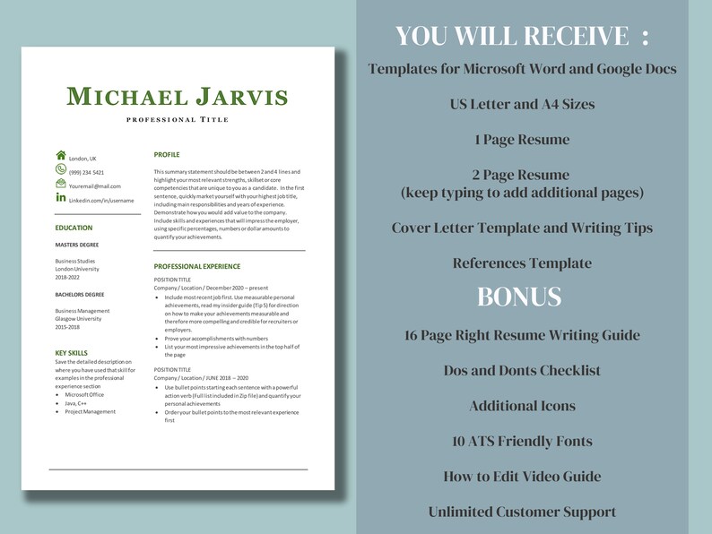 Simple Modern Resume Template Google Docs Job Application and - Etsy