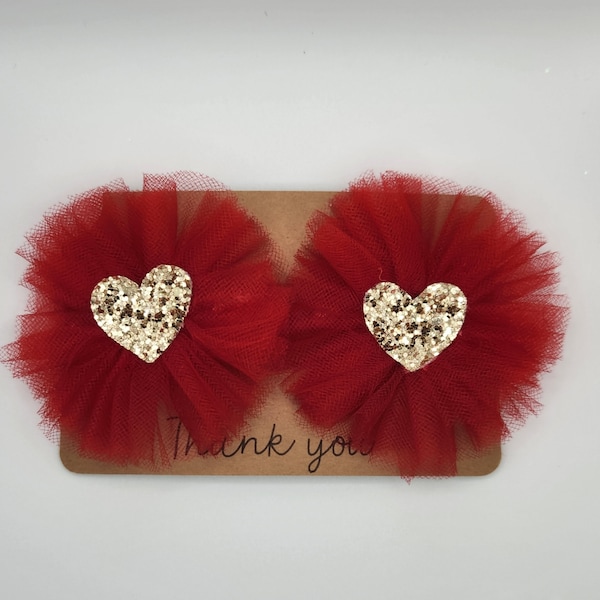 Set of Two Red and Gold Tulle Bows, Pom Pom Bow, Gold Glitter Heart Bow, Pageant Bow for Girls, Toddlers, Baby Girl, Pigtail Bows