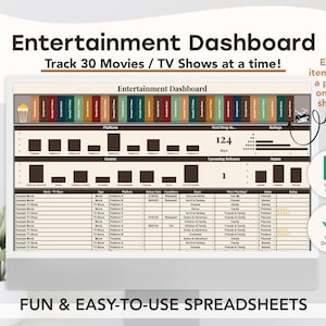 Peut inclure: Un écran d'ordinateur affichant une feuille de calcul Google Sheets intitulée "Tableau de bord du divertissement". La feuille de calcul est conçue pour suivre jusqu'à 30 films ou émissions de télévision à la fois. La feuille de calcul comprend des colonnes pour le titre du film ou de l'émission de télévision, la plateforme, le genre, la date de sortie, le statut et la note. La feuille de calcul comprend également une représentation visuelle du nombre de jours avant la sortie du prochain film ou de la prochaine émission de télévision. La feuille de calcul est conçue pour être amusante et facile à utiliser.