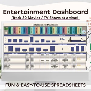 May include: A computer screen displaying a Google Sheets spreadsheet titled "Entertainment Dashboard". The spreadsheet is designed to track 30 movies or TV shows at a time. The spreadsheet includes columns for title, type, platform, genre, release date, and rating. The spreadsheet also includes a visual representation of the number of days until the next movie or TV show is released.
